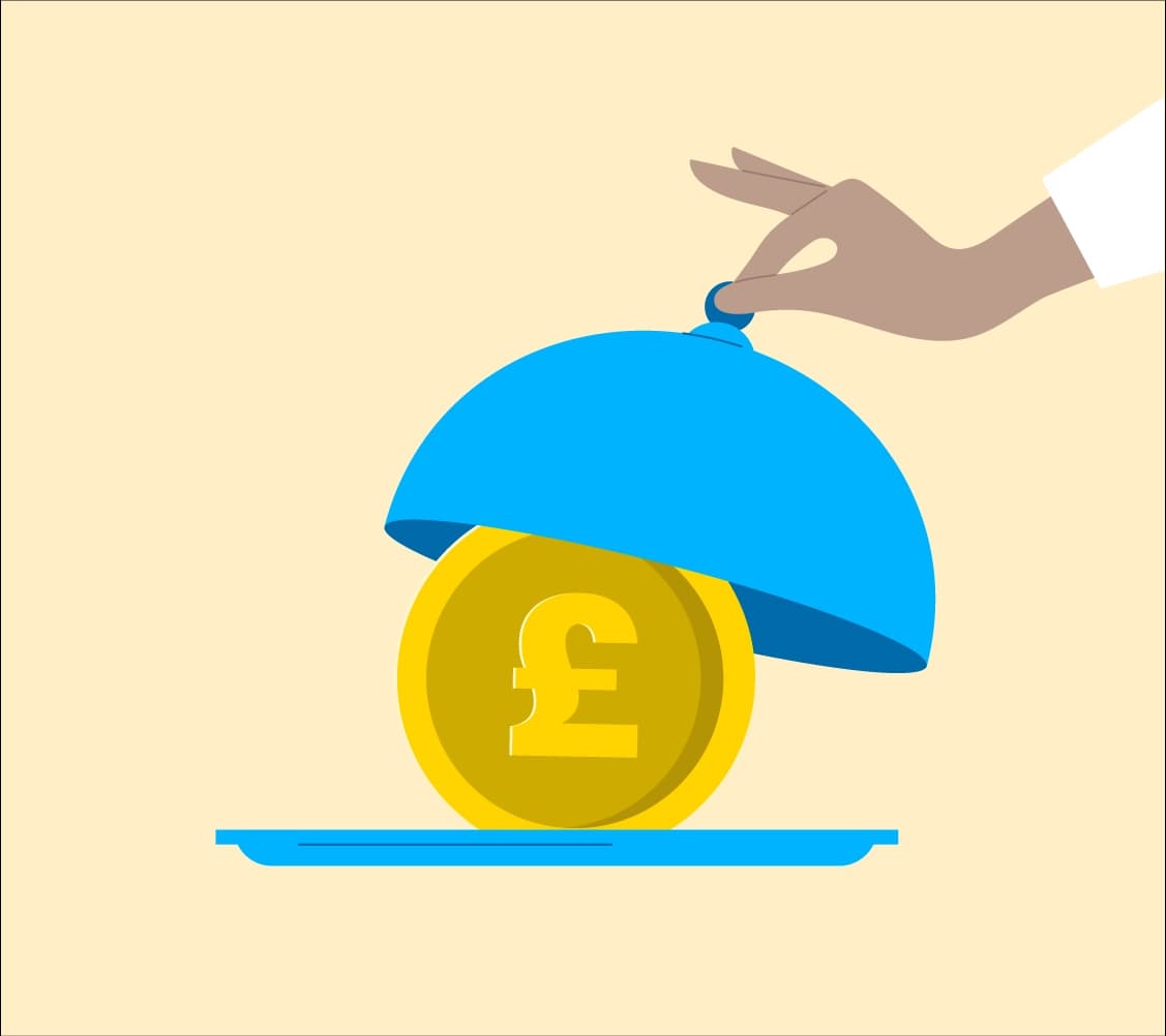 Illustration of a pound coin under a serving dish, representing flexible solar payment options for hospitality businesses.