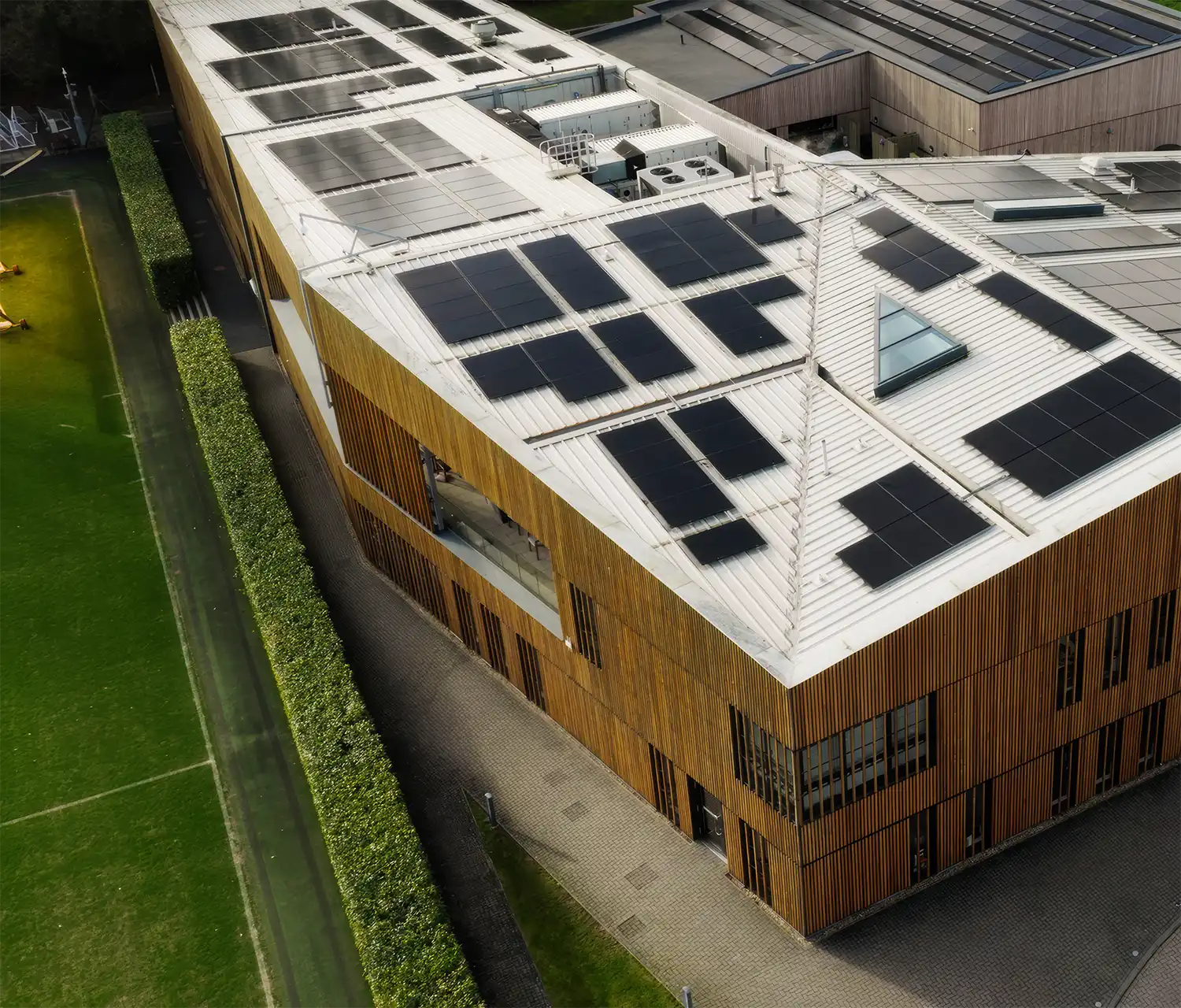 Ariel view of Southampton FC's Staplewood Training Campus, showcasing Utilita Business's commercial solar panel installs.