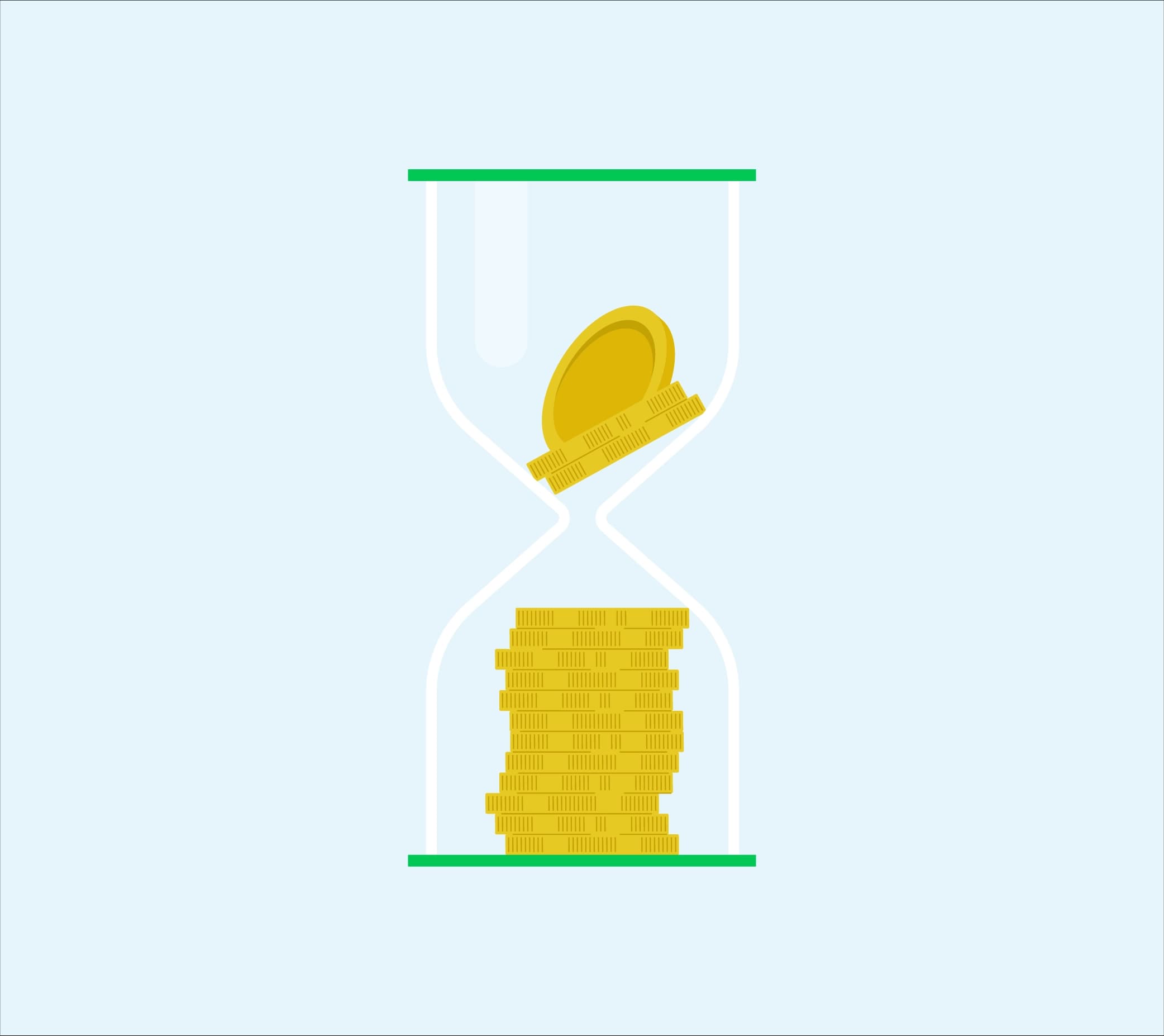 Illustration of an hourglass filled with coins, symbolising how business sustainability practices help manage long‑term costs.