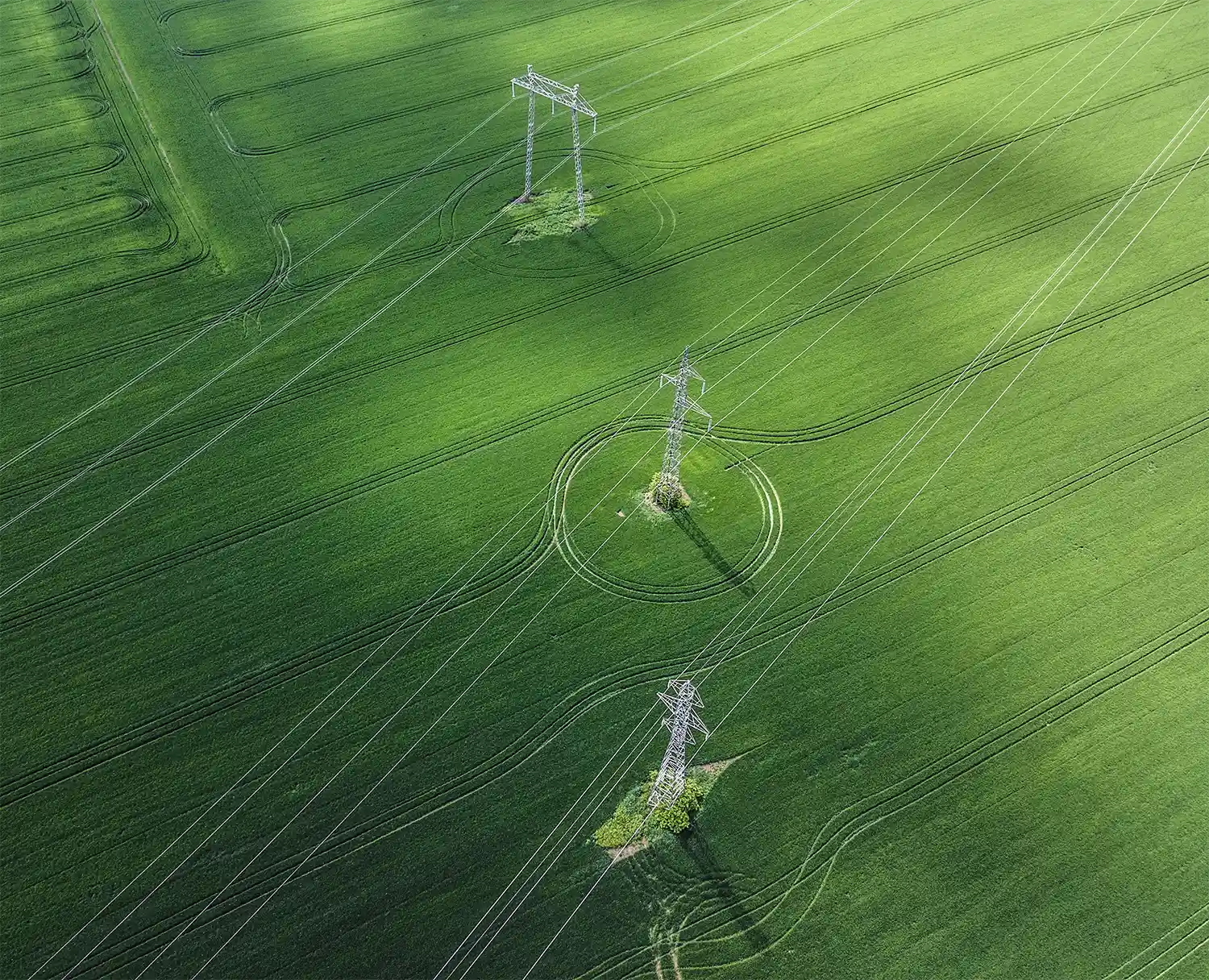 Aerial view of electricity towers in a field showing Utilita’s transparency in delivering sustainable energy for businesses.