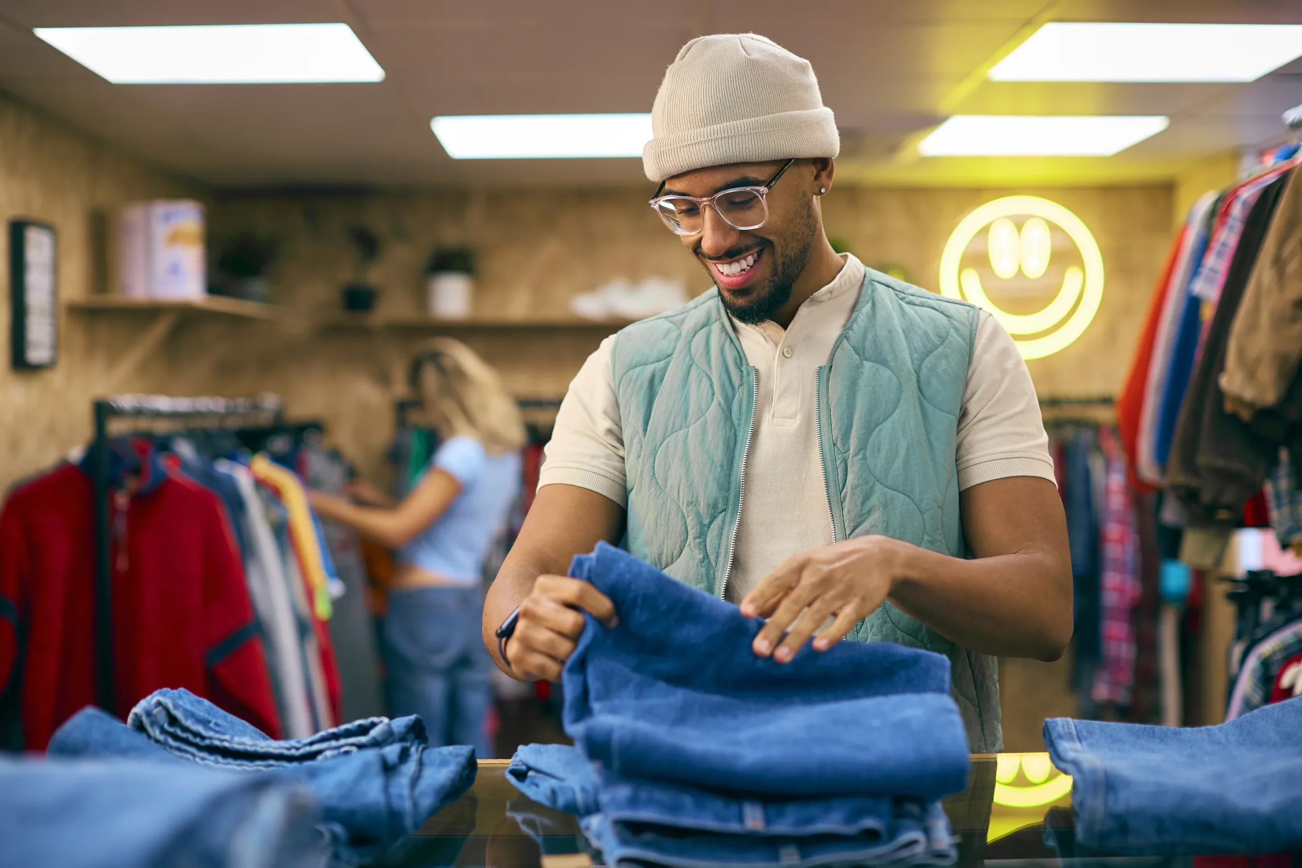 Image of a small business owner smiling while folding clothes in a high street retail store.